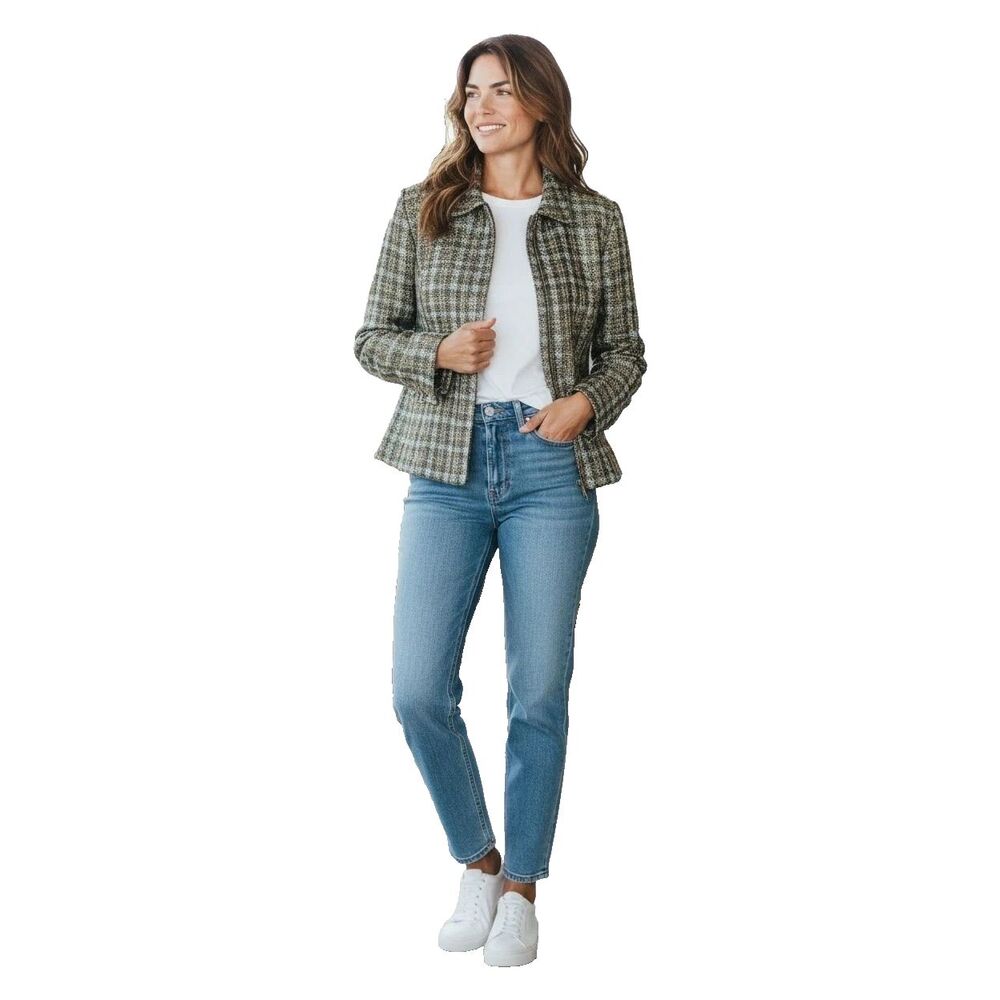 Chico's Camberra Foil Tweed Zip Jacket Metallic Gold Teal Blazer Sz 2